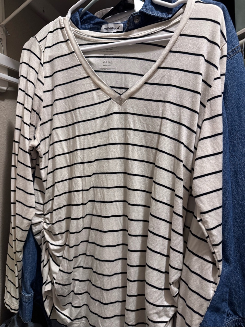 Motherhood Striped V-Neck Long Sleeve Maternity Top in White and Black